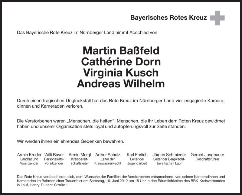  Traueranzeige für Martin,Cathérine,Virginia,Andreas Baßfeld,Dorn,Kusch,Wilhelm vom 14.06.2012 aus Pegnitz-Zeitung